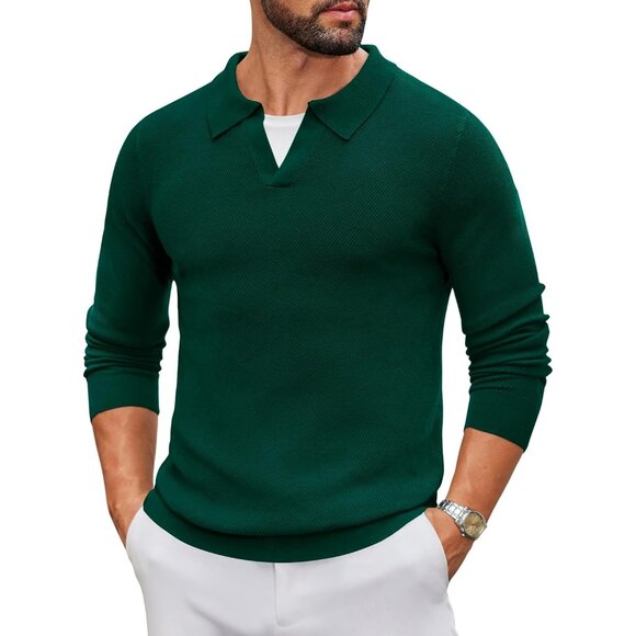 Men's Knit Polo Long Sleeve V-Neck Pullover Sweaters Collared Knitted Dark Green - Picture 1 of 6